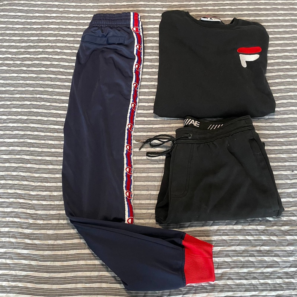 CHAMPIONS STRIPE TRACK PANTS + FILA SWEATER + AMERICAN EAGLE SWEATPANTS